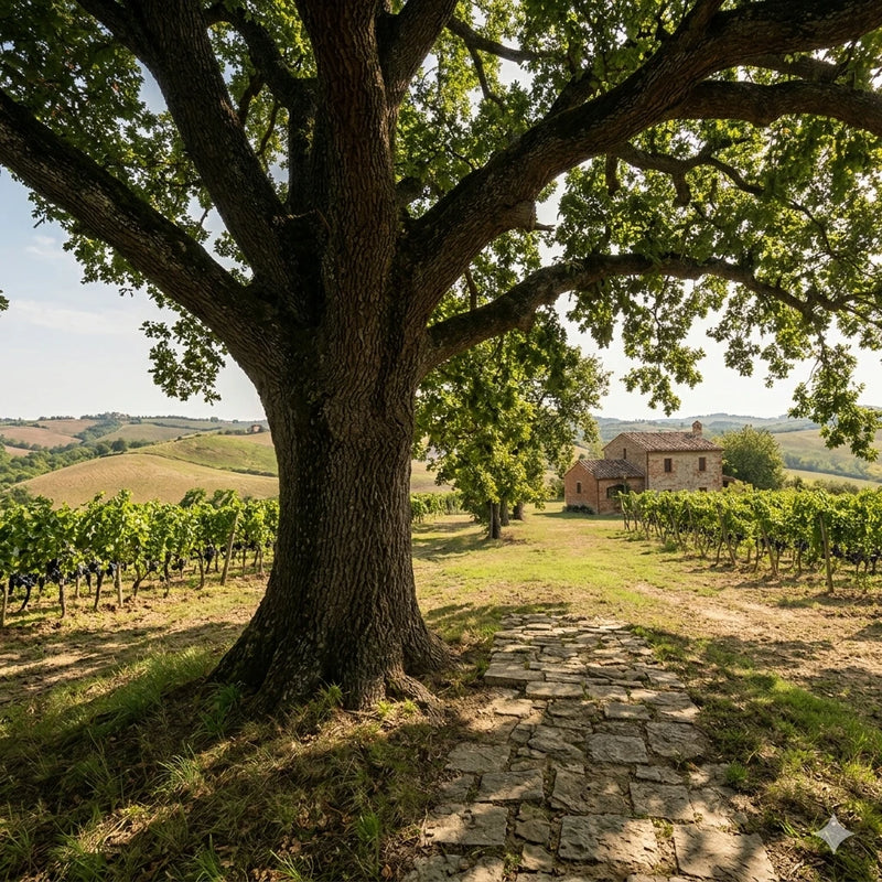 Una quercia secolare sovrasta la vigna da cui ricaviamo il Merlot. Pare esser li a ricordarci, con la sua maestosità, di avere rispetto per la Natura, il principio unitario da cui prende forma ogni cosa. Per questo, da sempre, lavoriamo la terra non solo con le braccia, ma anche con l’anima